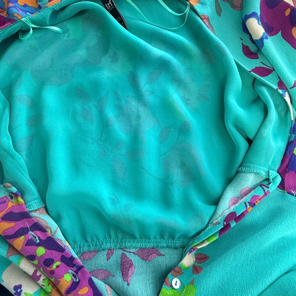 Zara TRF Collection Dress Womens M Teal Floral Viscose Midi Cap Sleeve Lined - Picture 3 of 7